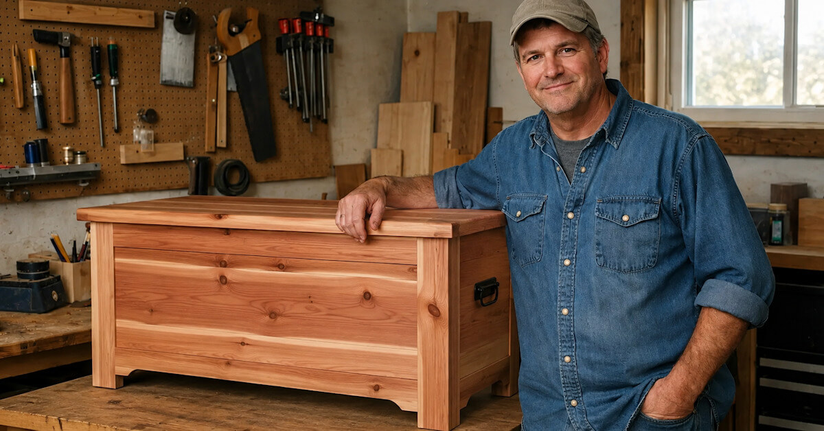 Woodworker standing beside a handmade bench in a home workshop