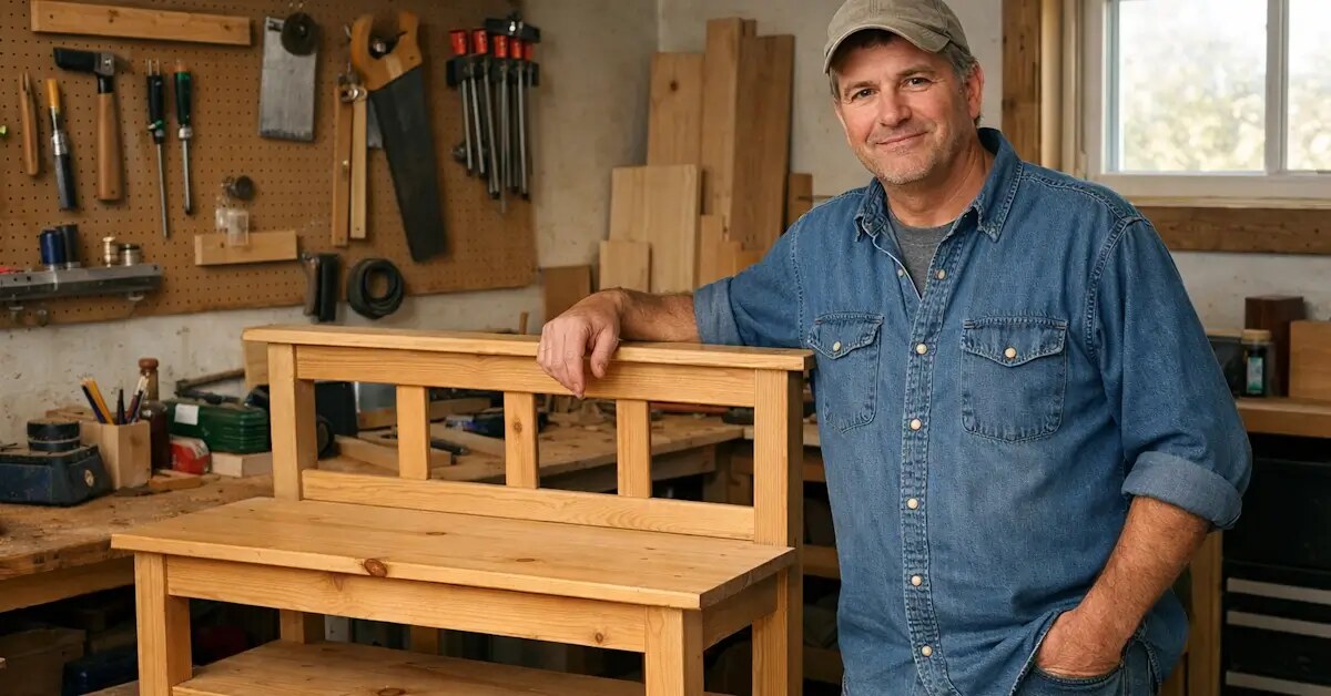 Woodworker standing beside a handmade bench in a home workshop